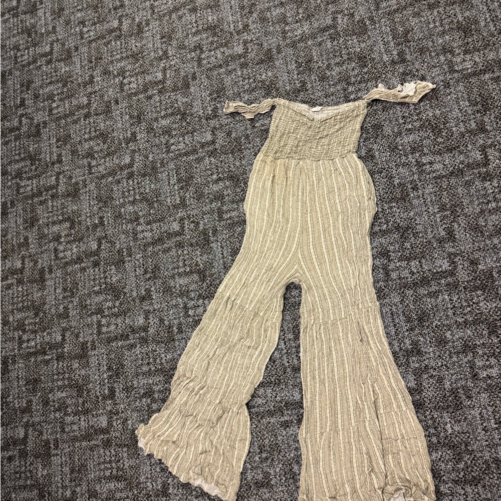 Three Bird Nest Off-Shoulder Striped Jumpsuit - Cream
